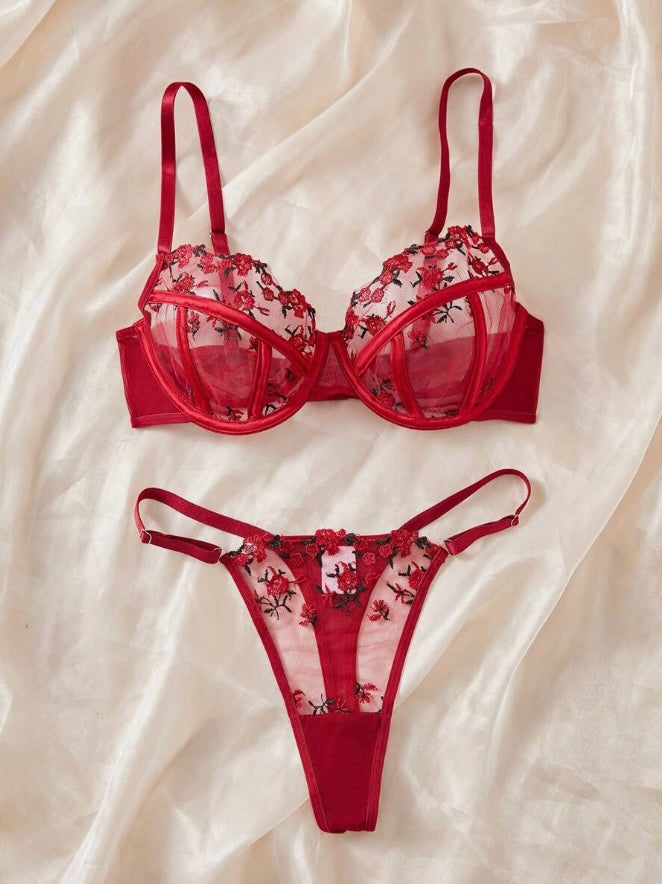 Rose Embroidered Mesh Bra & Panty Set