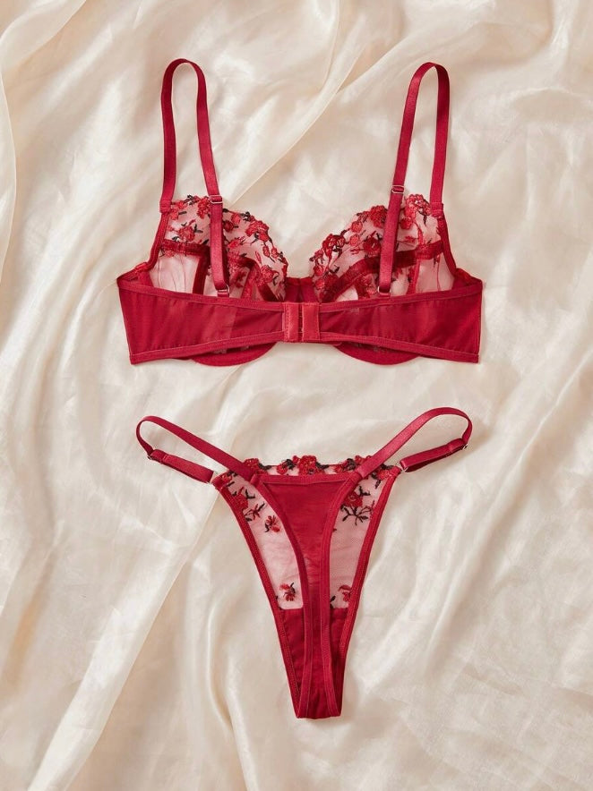 Rose Embroidered Mesh Bra & Panty Set