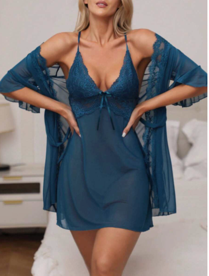 Lace & Sheer Pajama Set with Robe