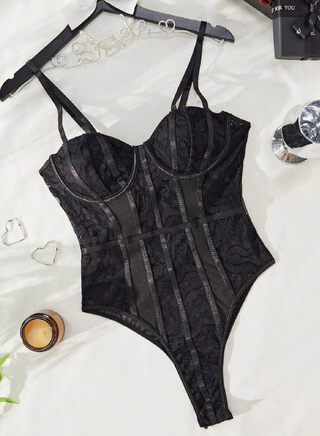 Lace Panel Mesh Bodysuit