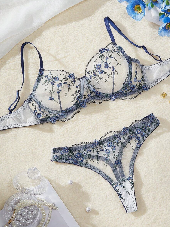 Floral Embroidered Mesh Bra & Panty Set