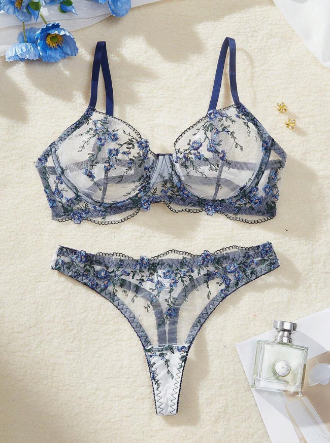 Floral Embroidered Mesh Bra & Panty Set