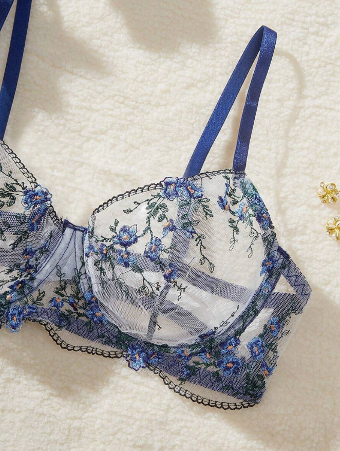 Floral Embroidered Mesh Bra & Panty Set