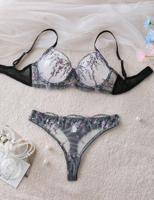 Floral Embroidered Mesh Bra & Panty Set