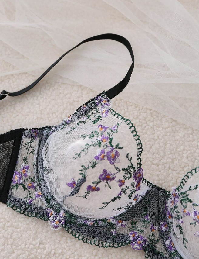 Floral Embroidered Mesh Bra & Panty Set