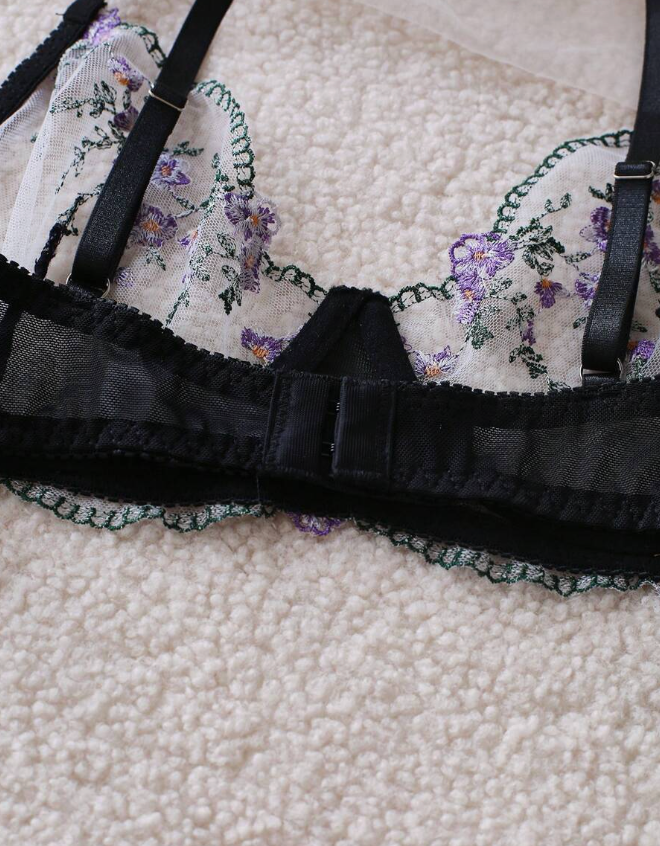 Floral Embroidered Mesh Bra & Panty Set