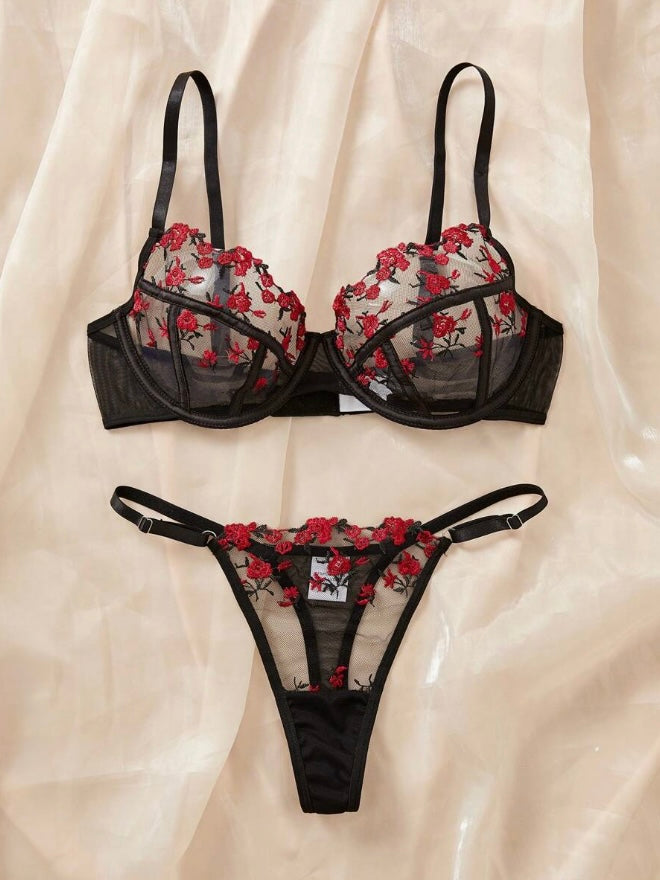 Rose Embroidered Mesh Bra & Panty Set