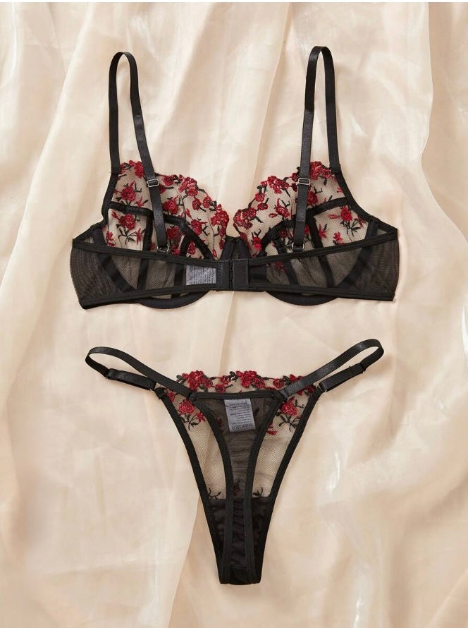 Rose Embroidered Mesh Bra & Panty Set