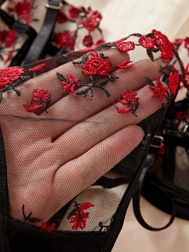 Rose Embroidered Mesh Bra & Panty Set