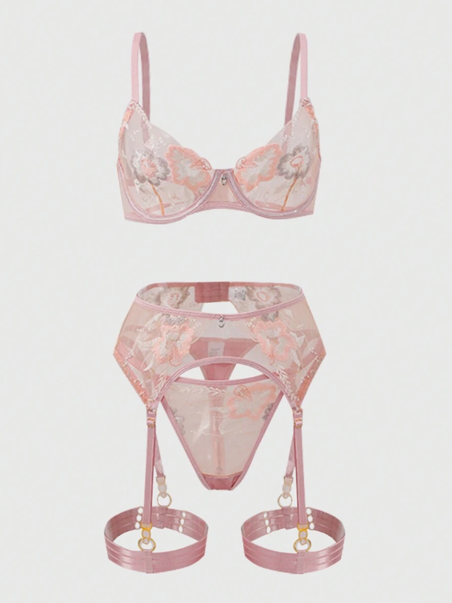 Blush Flora Embroidered Bra & Garter Set