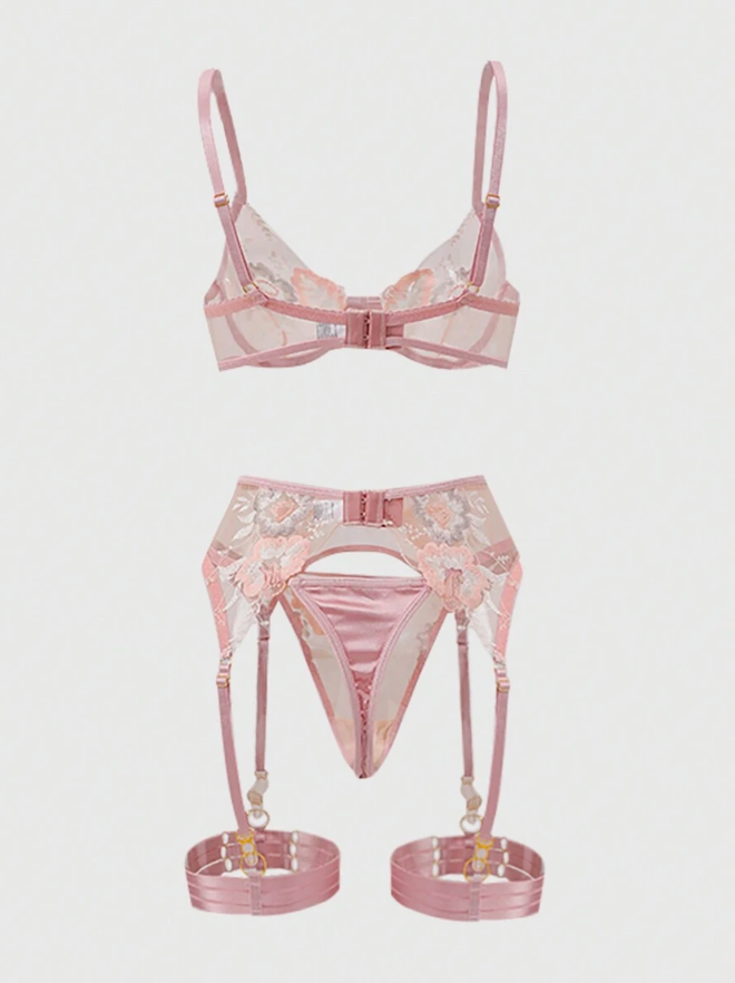 Blush Flora Embroidered Bra & Garter Set