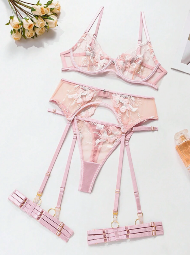 Blush Flora Embroidered Bra & Garter Set