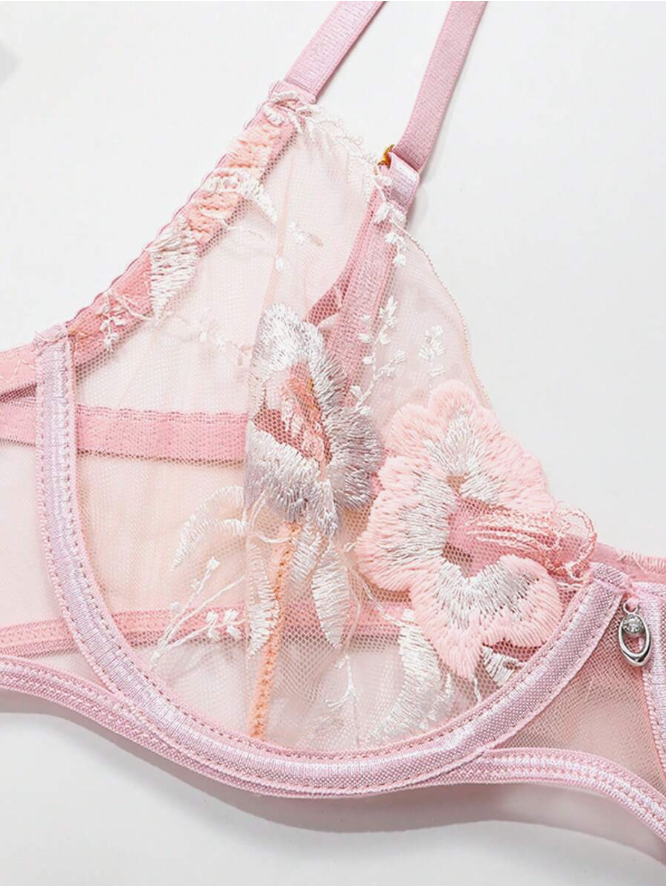 Blush Flora Embroidered Bra & Garter Set